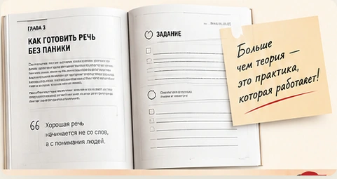 Разворот книги: глава «Как готовить речь без паники» и страница с заданием